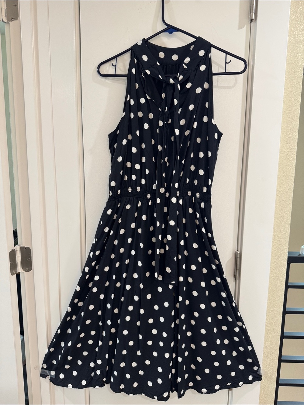 Ann Taylor Black and White Polka Dot Sleeveless Tie-Neck Midi Dress